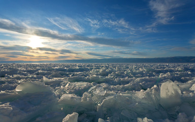Ice hummocks on the frozen Lake Baikal