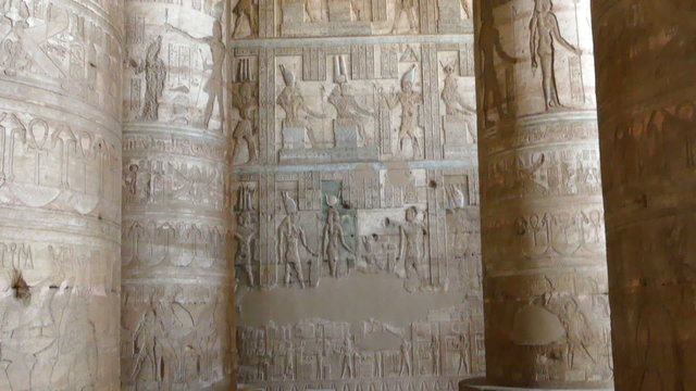 Interior of the painted and carved hypostyle hall at Dendera Tem