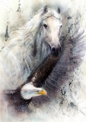white horse with a flying eagle beautiful painting illustration