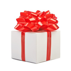 Gift box with red ribbon bow. Isolated on white