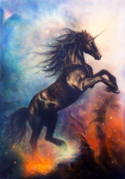 painting of a black unicorn dancing in space