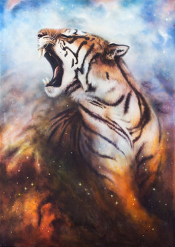 A Beautiful Airbrush Painting Of A Roaring Tiger On A Abstract C