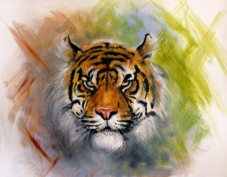 painting of a bright mighty tiger head on a soft toned abstract