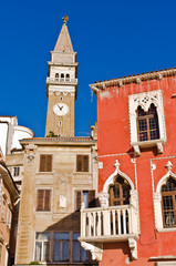 Bell tower and buildings at Tartini square in Piran, Istria