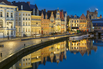 Fototapeta na wymiar Quay Korenlei in Ghent town at evening, Belgium