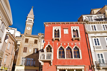 Bell tower and buildings at Tartini square in Piran, Istria