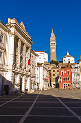 Bell tower and buildings at Tartini square in Piran, Istria