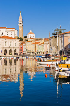 Bell tower and buildings at Tartini square in Piran, Istria