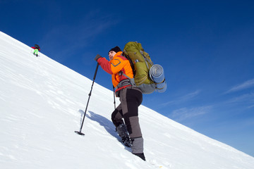 Winter hiking in snowshoes.