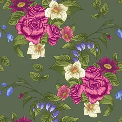 Wandcirkels tuinposter Seamless Floral Pattern with Roses and Wildflowers © depiano
