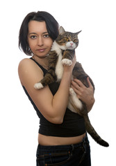 Woman and grey cat