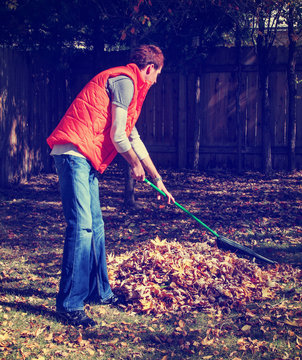 man raking autumn leaves toned with a retro vintage instagram