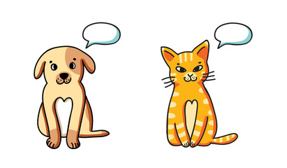 Funny cartoon dog and cat with speach bubbles, isolated on white