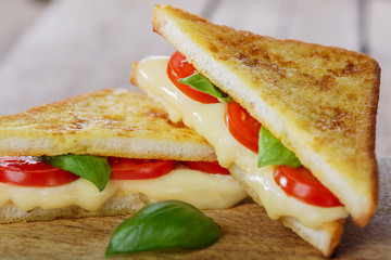 fried toast sandwich with mozzarella and cherry tomatoes - obrazy, fototapety, plakaty