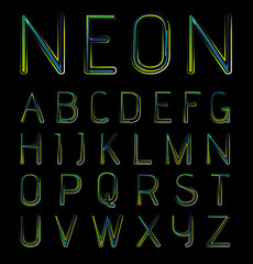 Neon holidays party alphabet, vector illustration