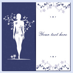 Greeting card with flowers and girl silhouette