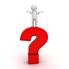 3d man standing on a big red question mark and having no idea