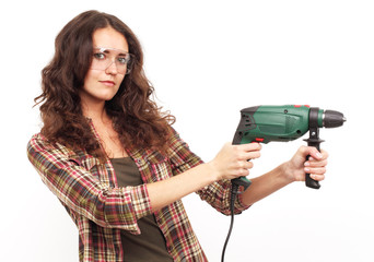 Image of woman with drill over white background