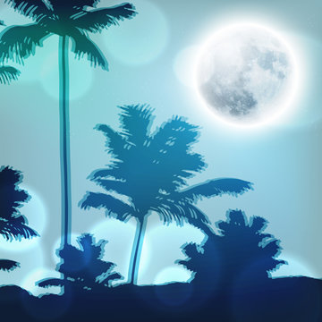 Landscape with palm trees and full moon at night
