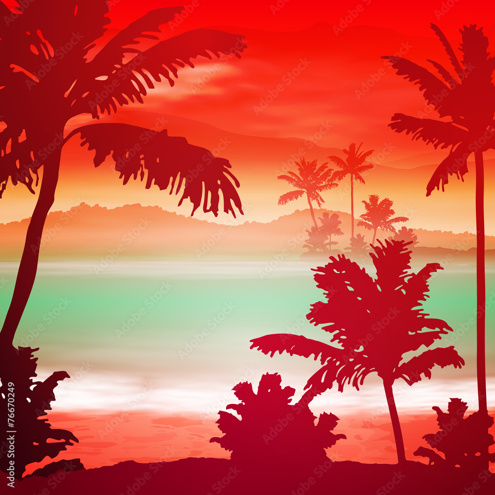 Wall mural Sea sunset with island and palm trees - Wall murals