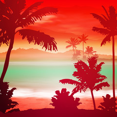 Sea sunset with island and palm trees