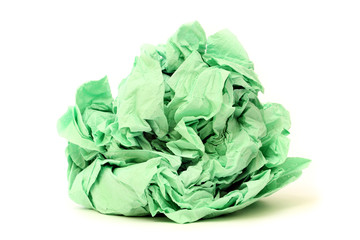 Green crumpled toilet paper isolated on white