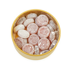 Fruit citrus cherry candy sweets in a jar metal isolated on whit