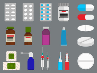 Tablets and medicine (drugs) flat icons set