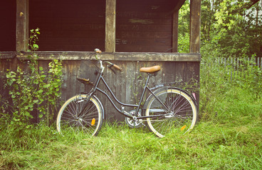 Fototapeta na wymiar vintage bicycle at desolate house in the forest