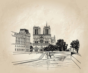 Notre Dame de Paris Cathedral, landscape Seine river, France - obrazy, fototapety, plakaty