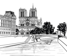 Notre Dame de Paris Cathedral, landscape Seine river, France