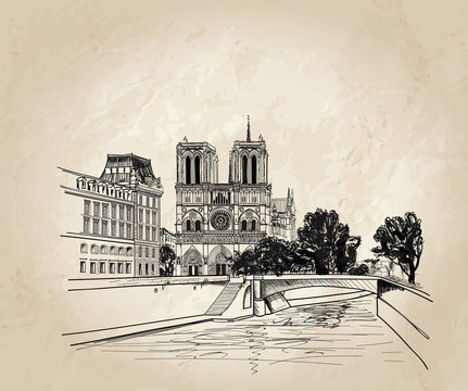 Notre Dame de Paris Cathedral, landscape Seine river, France