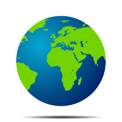 Map of the world globe with shadow on white background