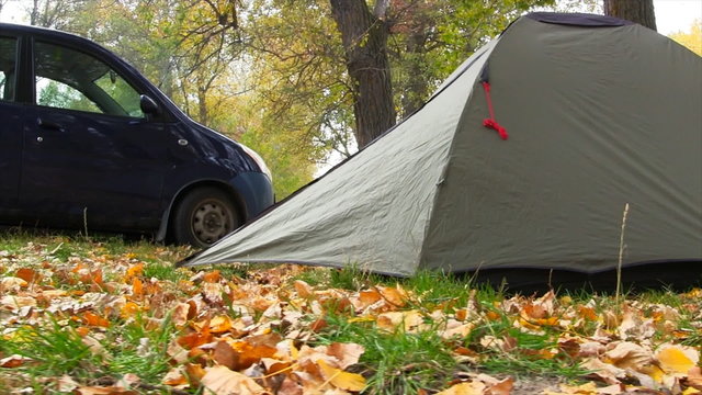 Camping Tent In Autumn Forest. Slider Shot.