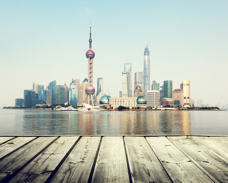 Shanghai skyline and wooden platform