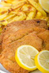 Big Chicken schnitzel with homemade chilli french fries