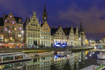 Fototapeta na wymiar Quay Graslei in Ghent town at evening, Belgium