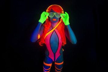 sexy neon uv glow dancer with hulahoop - obrazy, fototapety, plakaty