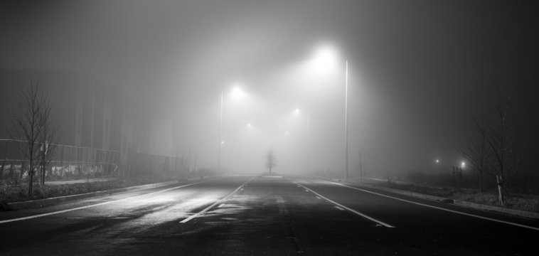 Black And White Street At Night With Fog