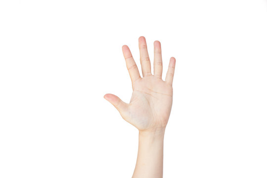 Japanese hand gesture: Number five on isolated white background