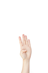 Japanese hand gesture: Number four on isolated white background