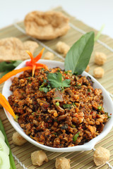 Spicy minced mushroom is vegetarian food.