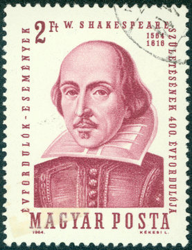 stamp printed in Hungary shows image of William Shakespeare