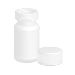White plastic medical container bottle on white background.