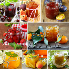 collage of different kinds of jam (peach, strawberry, orange)