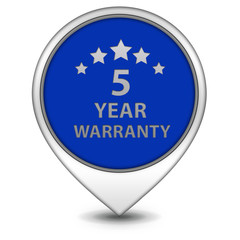 Five year warranty pointer icon on white background