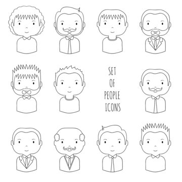 Set of line male faces icons. Funny cartoon hand drawn faces