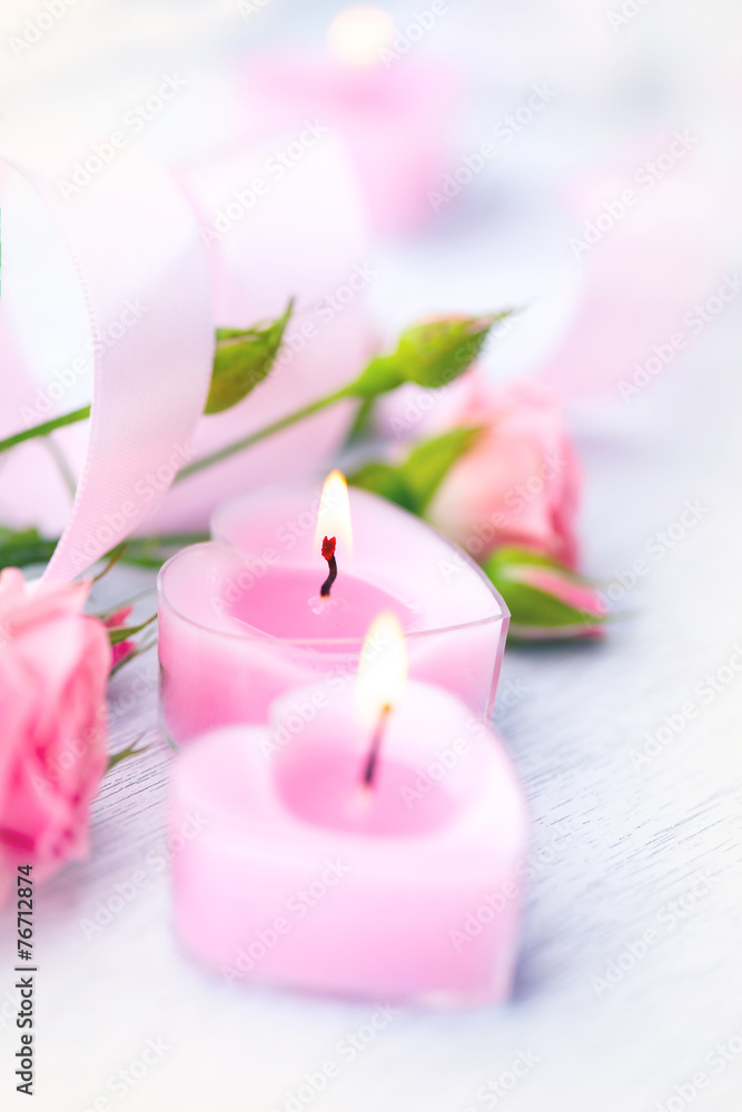 Canvas Prints Valentine's Day. Pink heart shaped candles and rose flowers