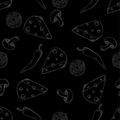Pizza ingredients seamless pattern white on black