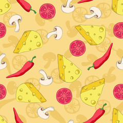 Pizza ingredients seamless pattern on coloured background